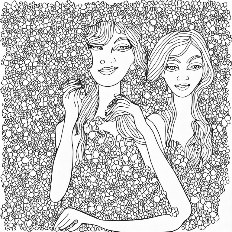 Coloring page of beautiful woman in flower garden