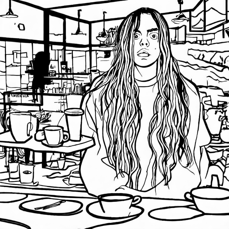 Coloring page of billie eilish in a coffee shop