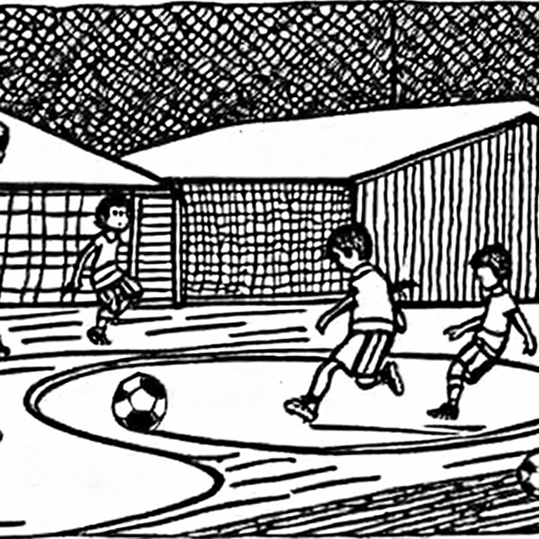 Coloring page of boys playing soccer in a football field