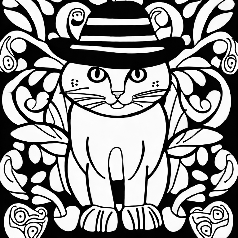 Coloring page of cat with hat jumping
