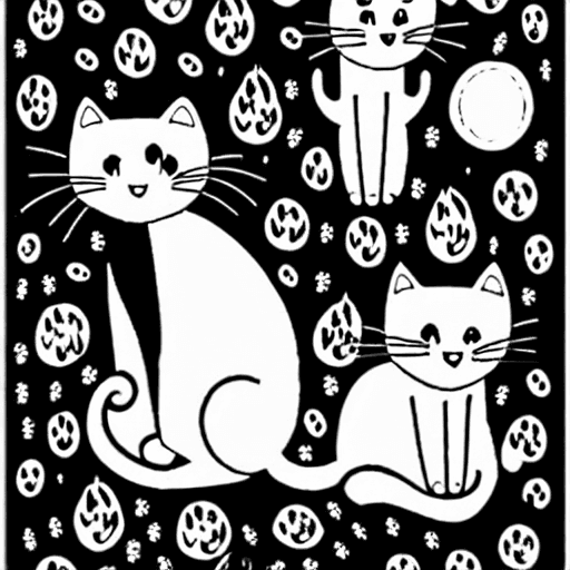 Coloring page of cats sitting by the fire