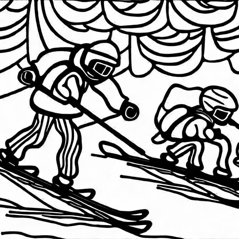 Coloring page of children skiing
