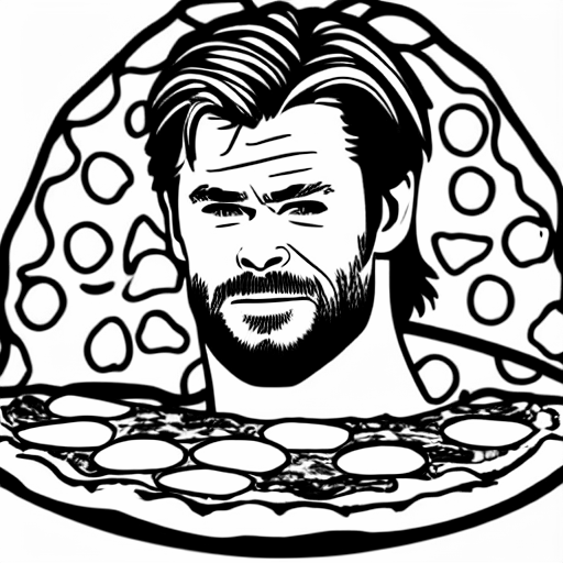 Coloring page of chris hemsworth face on a pizza