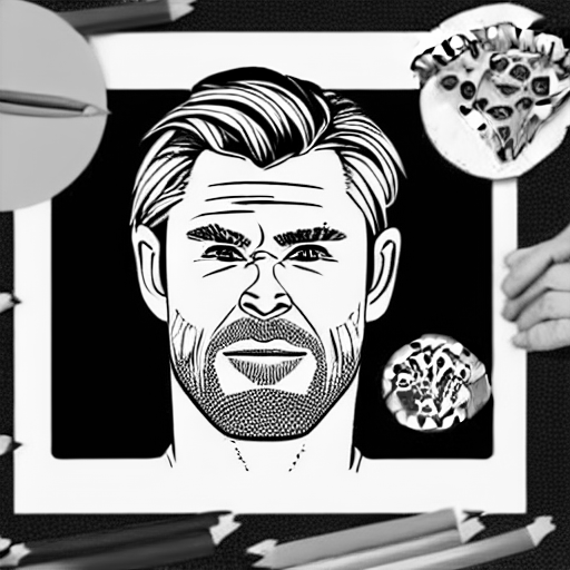 Coloring page of chris hemsworth face on a pizza