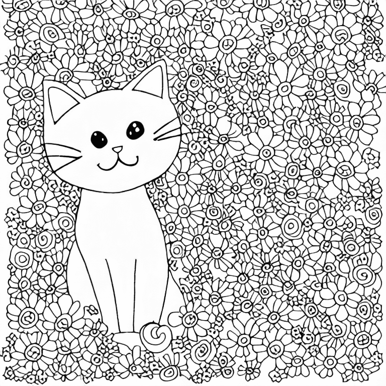 Coloring page of cute cat among flowers in coloring page