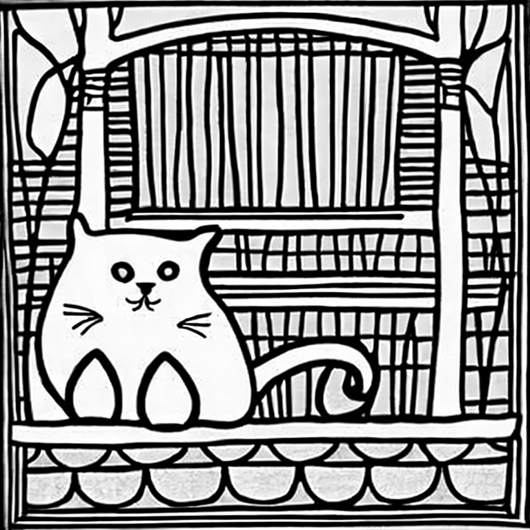Coloring page of cute cat in house