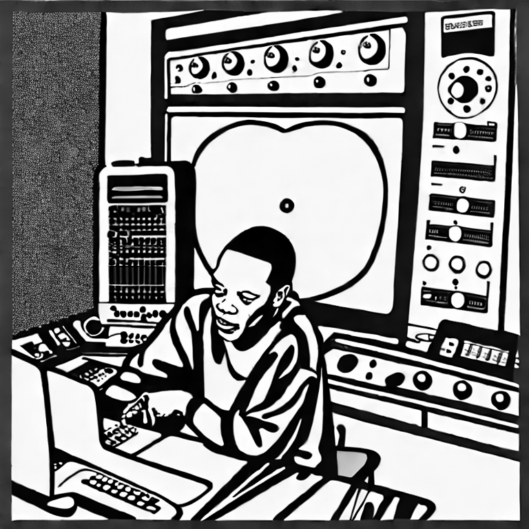 Coloring page of dr dre in the studio over a mixing board