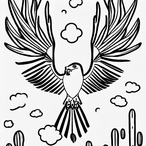 Coloring page of eagle flying over cactus