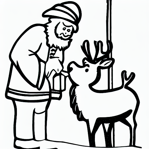 Coloring page of father christmas feeding a reindeer