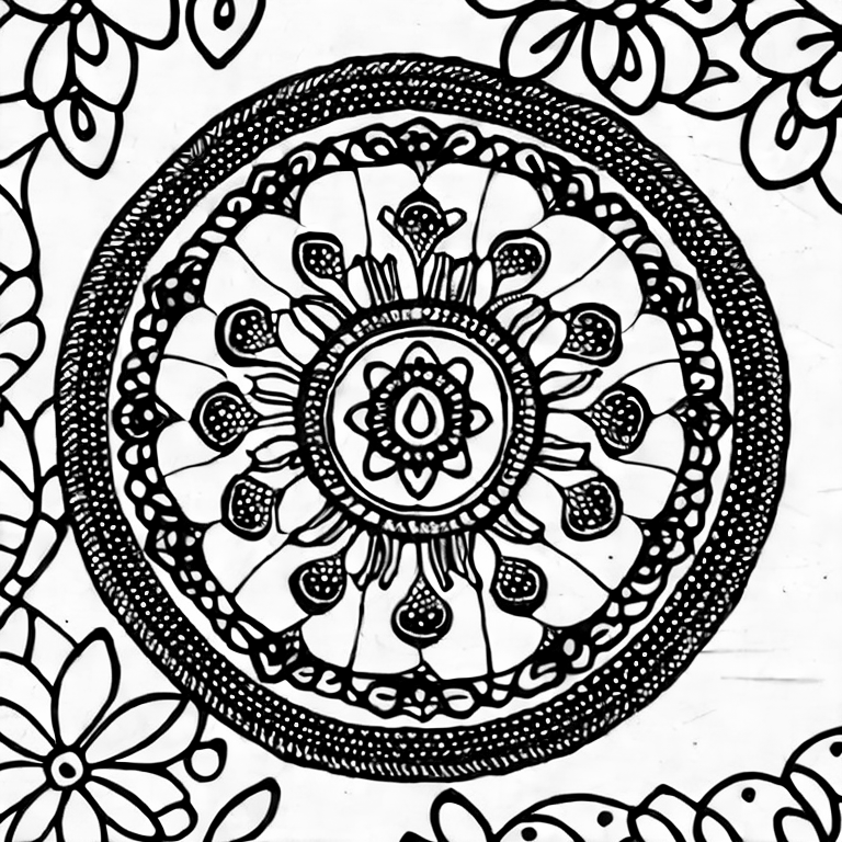Coloring page of flowers and hearts mandala
