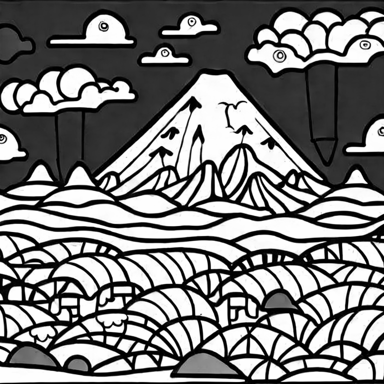 Coloring page of flying over volcano