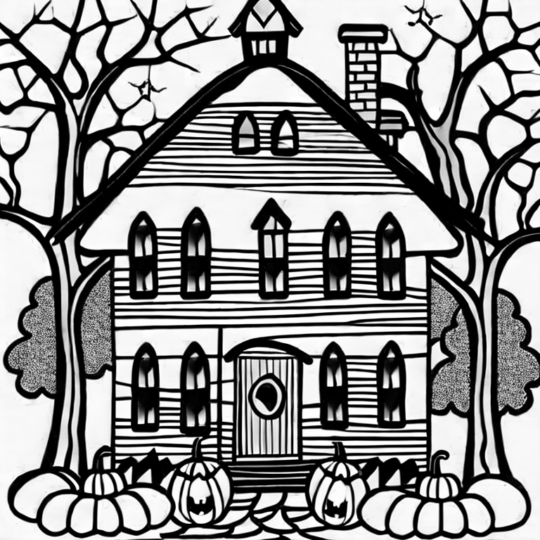 Coloring page of halloween haunted house whimsical cute thin lines