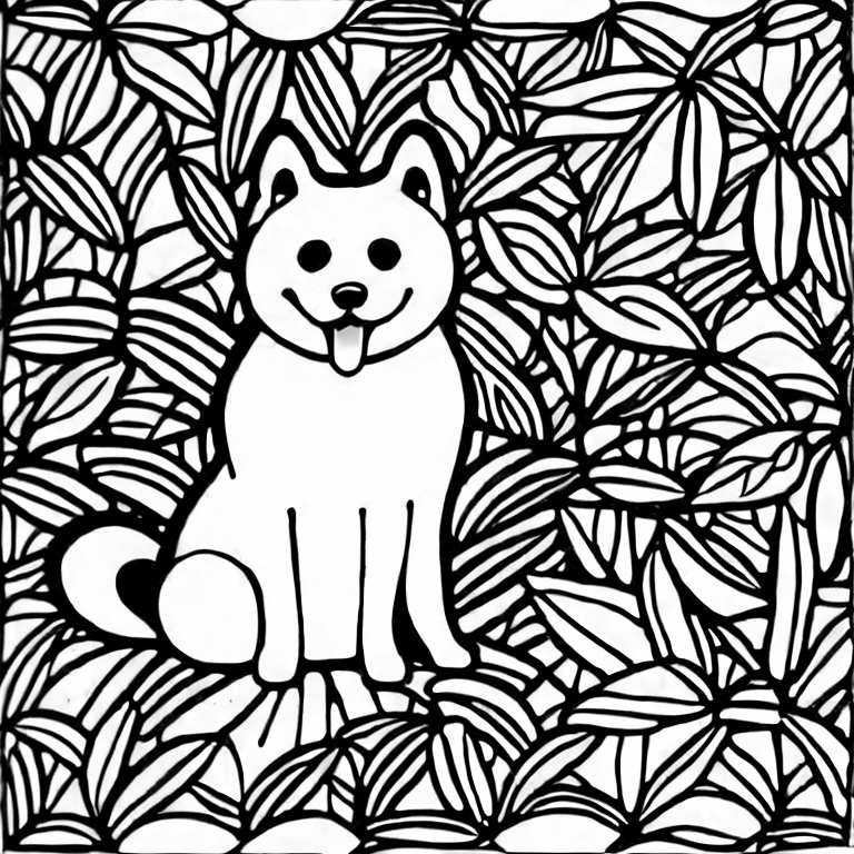 Coloring page of happy shiba inu dog in a garden