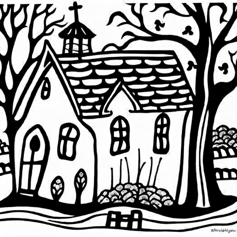 Coloring page of haunted house cemetary
