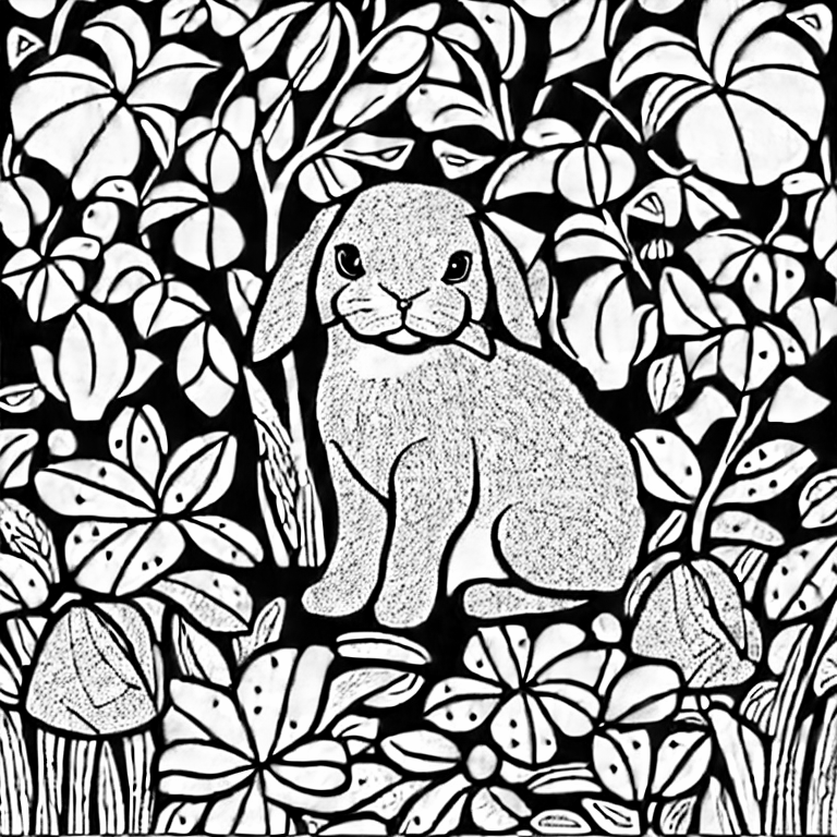 Coloring page of holland lop bunny in a flower garden