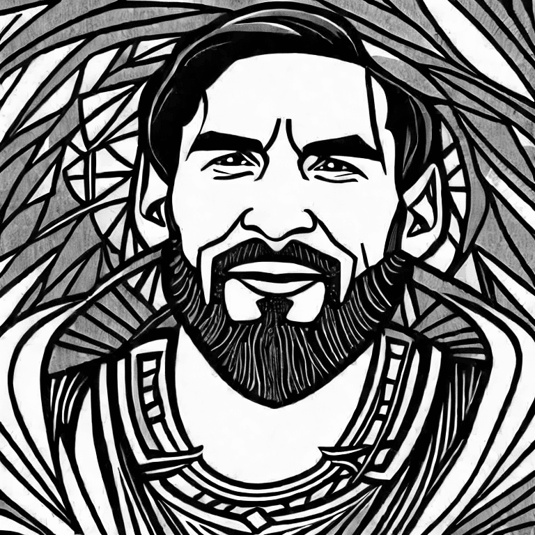 Coloring page of lionel messi s expressive face might be adapted into a robotic form with intelligent and expressive robotic eyes metallic elements and geometric lines could blend with his facial features creating a fusion of human and machine aesthetics