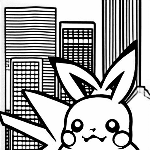 Coloring page of pikachu in a city