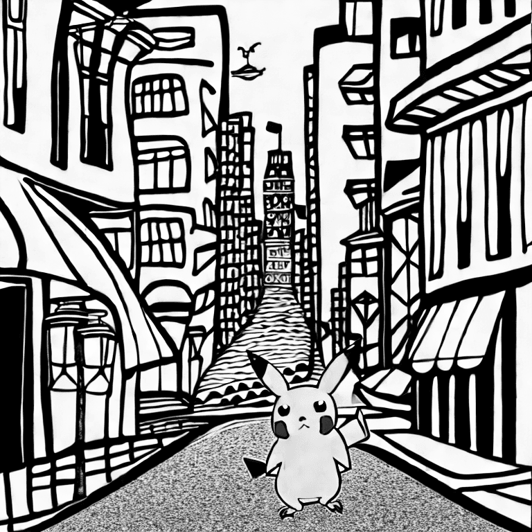 Coloring page of pikachu walking down a city street