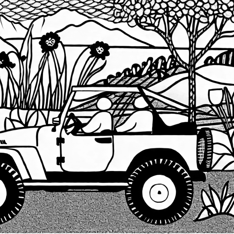 Coloring page of safari scene with a jeep