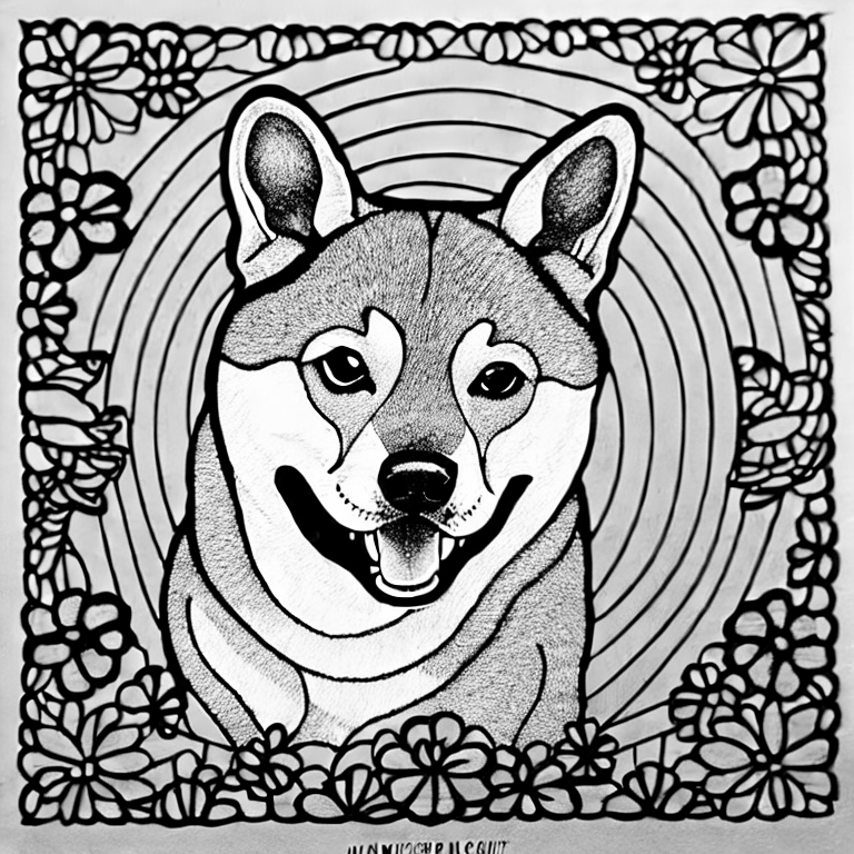 Coloring page of shiba inu dog in a garden