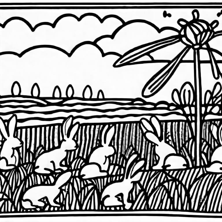 Coloring page of some rabbits in a field