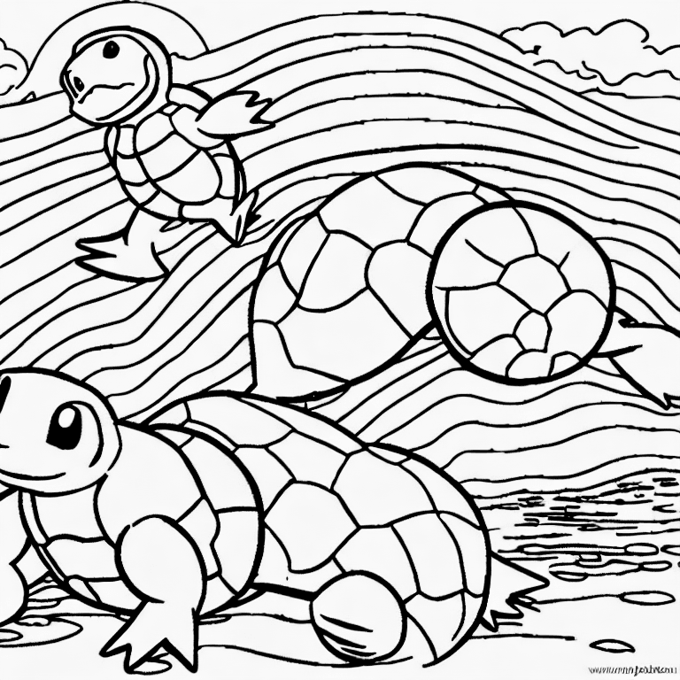 Coloring page of squirtle on a beach