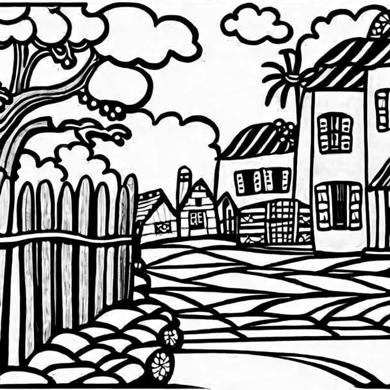 Coloring page of street in the countryside