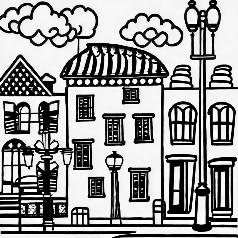 Coloring page of street with building and lamp post