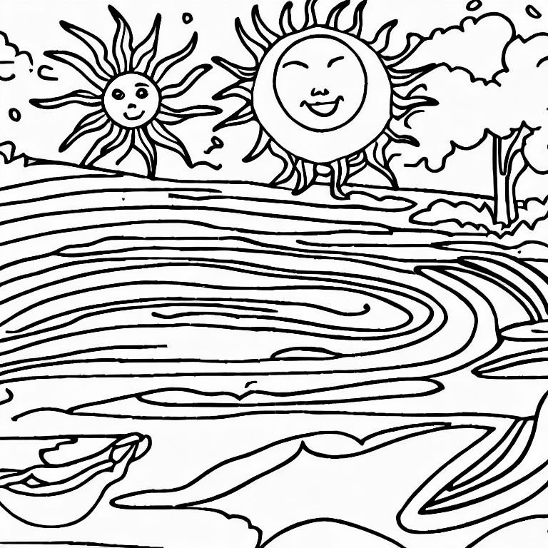 Coloring page of sun and river