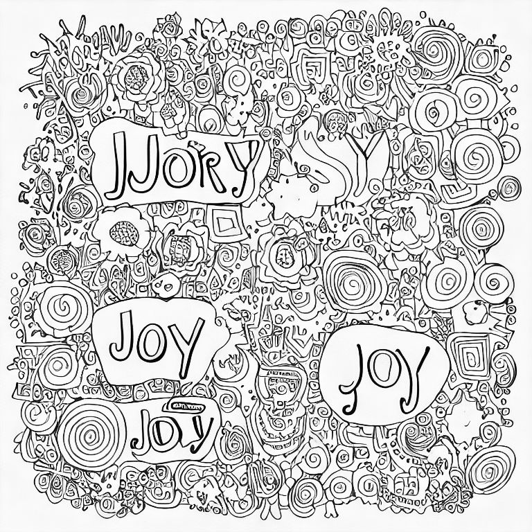 Coloring page of the word joy surrounded by random doodles