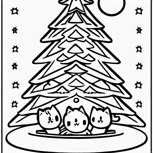 Coloring page of three cats under a christmas tree