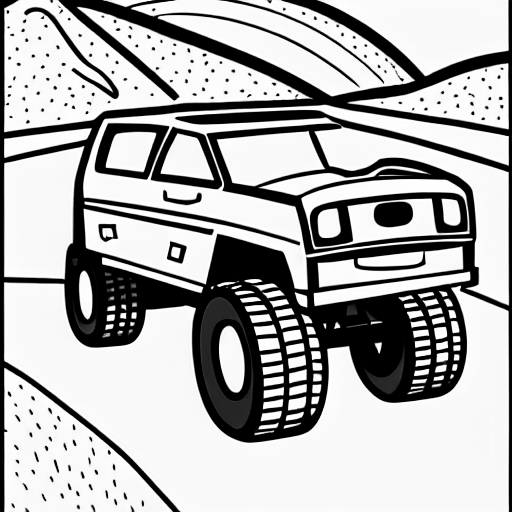 Coloring page of tonka truck driving in desert with cactis