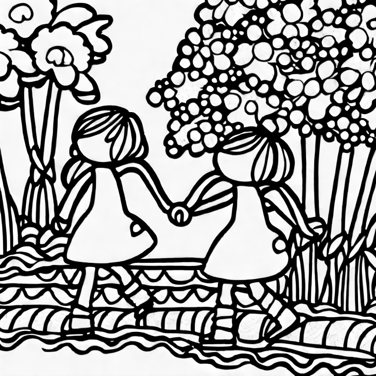 Coloring page of two girls going for a walk in a beautiful morning