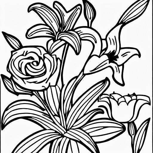 Coloring page of two lillies and a rose