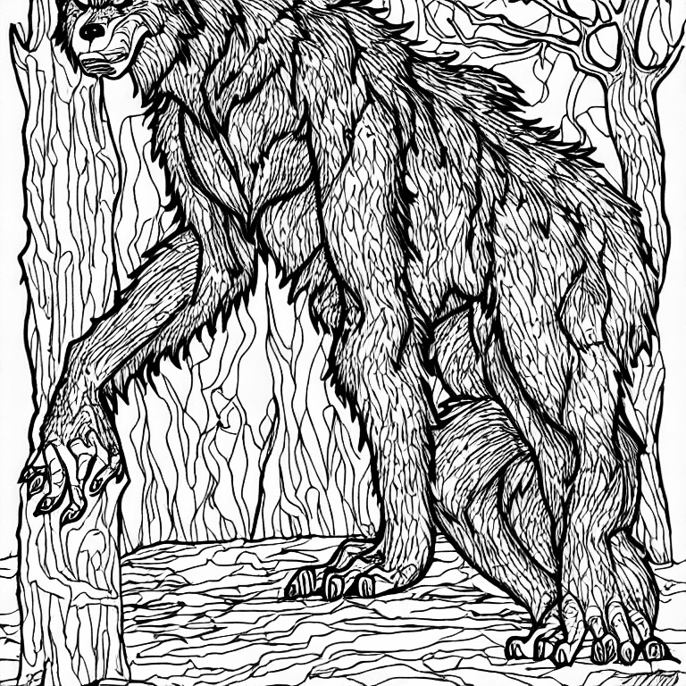 Coloring page of werewolf in the woods