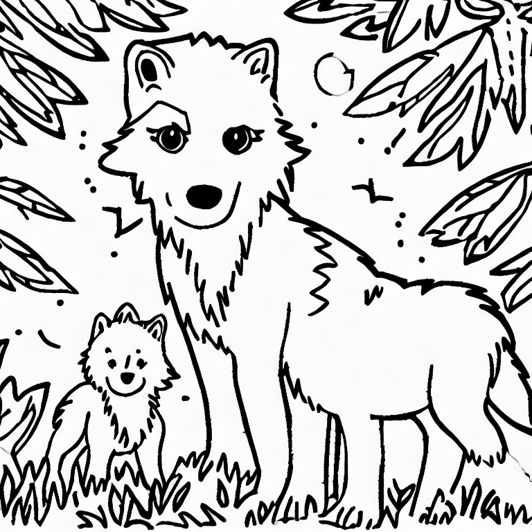 Coloring page of a baby wolf in the woods simple outlines