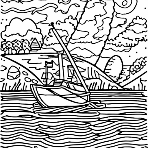 Coloring page of a boat on a river
