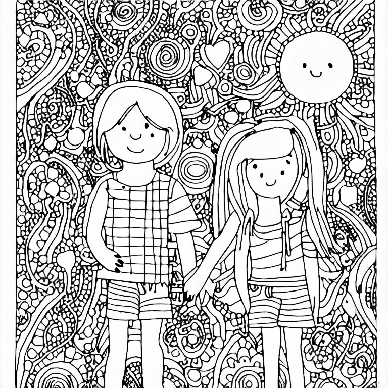 Coloring page of a boy and a girl at midnight