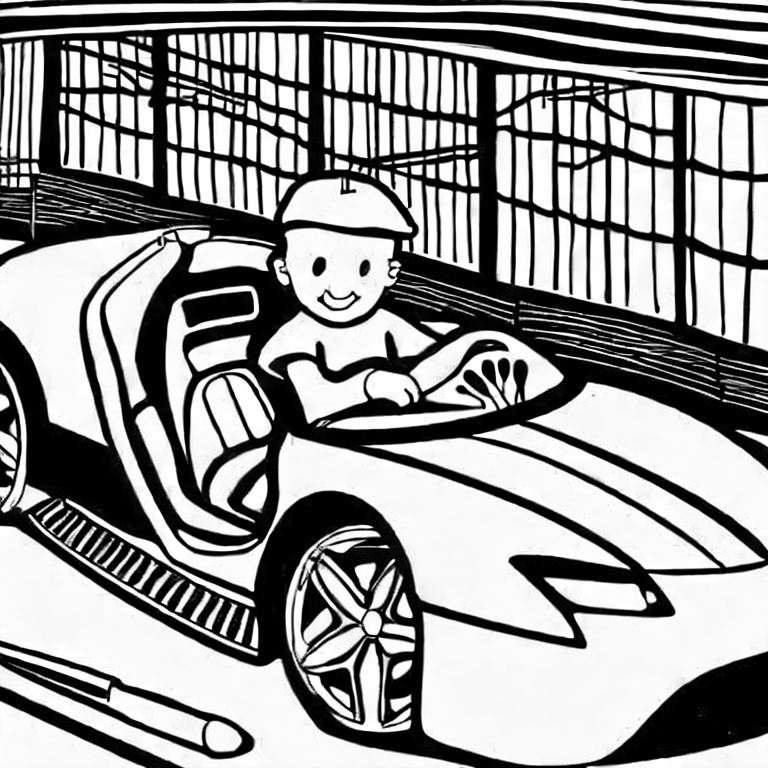 Coloring page of a boy in a sports car