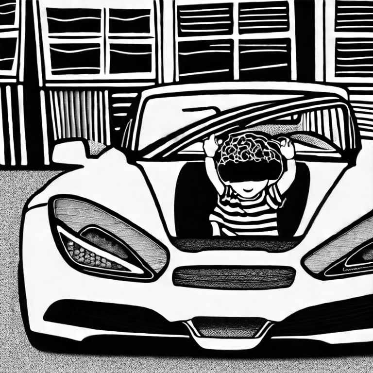 Coloring page of a boy in a sports car