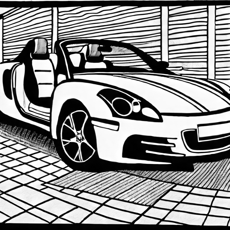 Coloring page of a boy in a sports car with white background