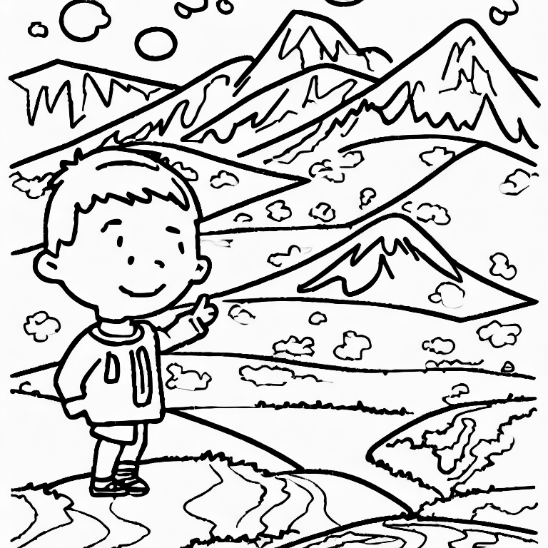 Coloring page of a boy in mountain