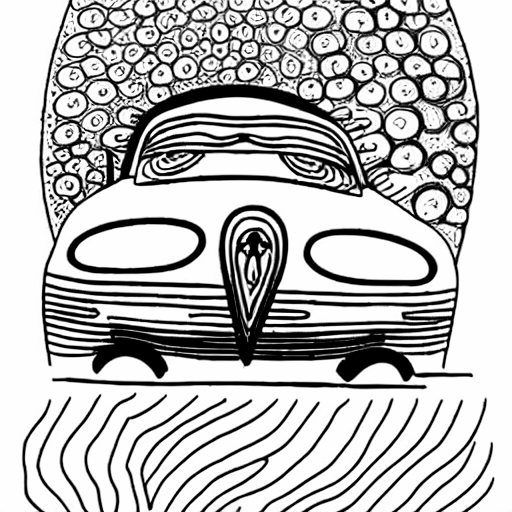 Coloring page of a car in the style of salvador dali