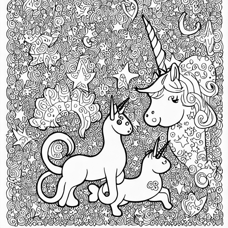 Coloring page of a cat and a unicorn