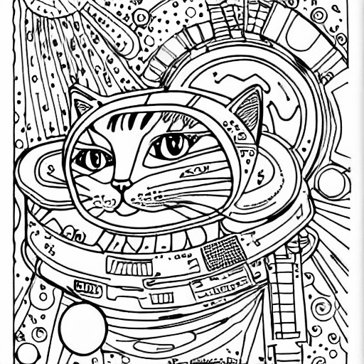 Coloring page of a cat in space