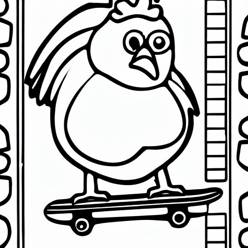 Coloring page of a chicken riding a skateboard