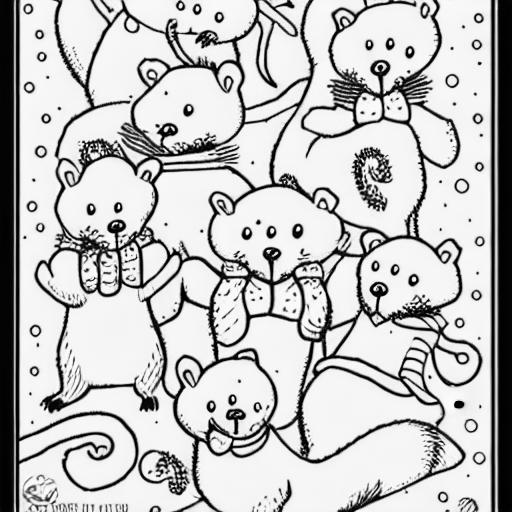 Coloring page of a christmas card of weasels