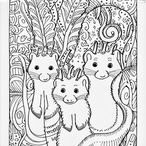 Coloring page of a christmas card of weasels