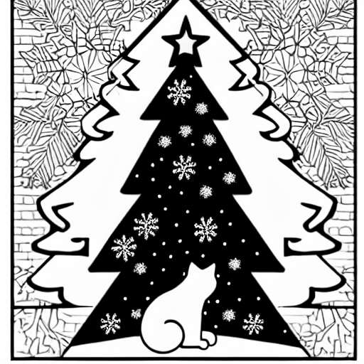 Coloring page of a christmas tree with a cat in front of