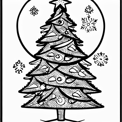 Coloring page of a christmas tree with fish on it